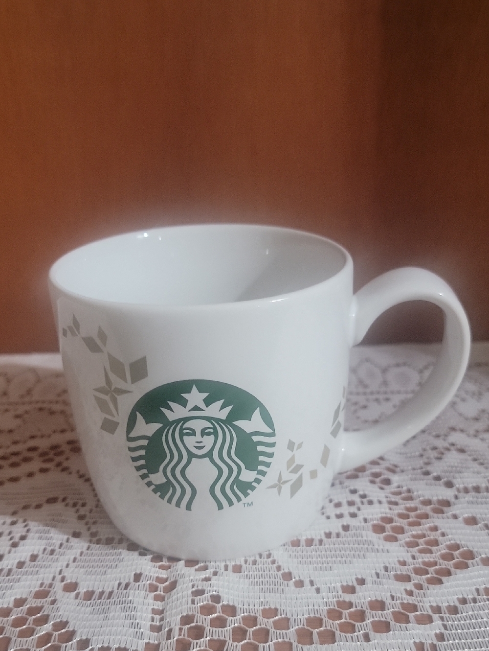 Starbucks 2013 Holiday  White Mug with Green Siren and Taupe Geometric Accents
